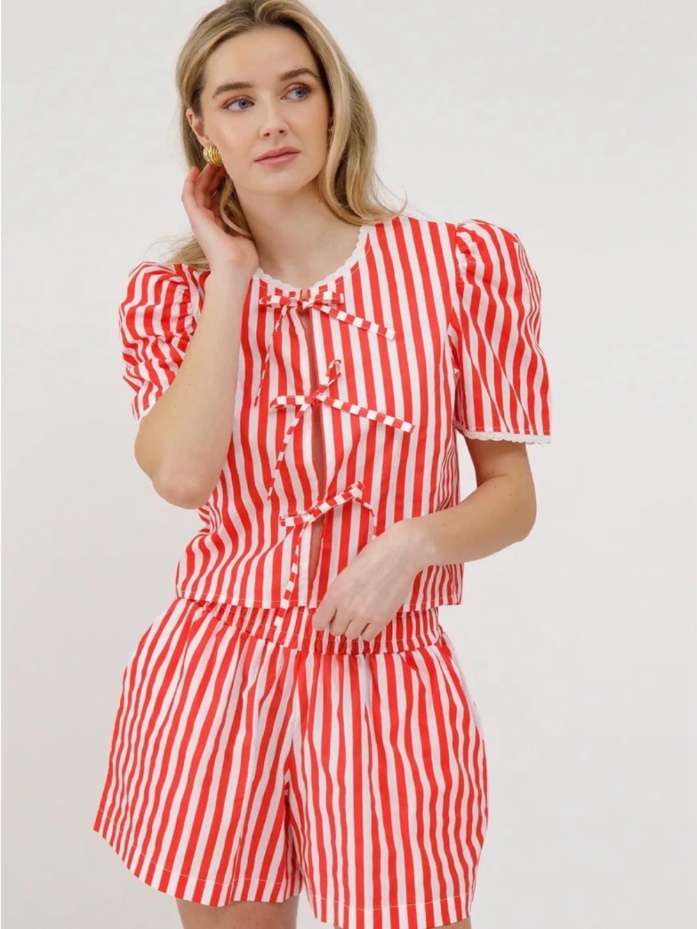 Brunette The Label Red and White Striped Cotton Short Set